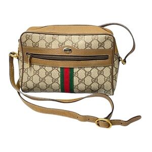 Gucci Tan and Brown Crossbody Bag with Green and Red Stripe